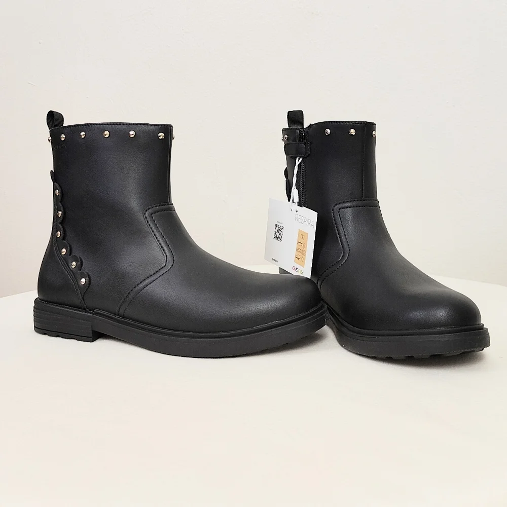 NEW! Geox J Eclair G. Black Ankle Boots Girl's 5.5 Studded Midi Booties School